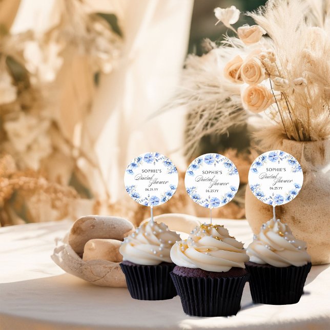 Sticker Rond Fleurs Bleues Calligraphie Florale Baby Shower de  (Elegant watercolor floral stickers from my Something Blue Floral Bridal Shower Collection)