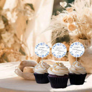 Sticker Rond Fleurs Bleues Calligraphie Florale Baby Shower Mar