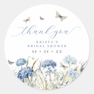 Sticker Rond Fleurs Bleues et Papillons Remerciements Enterreme