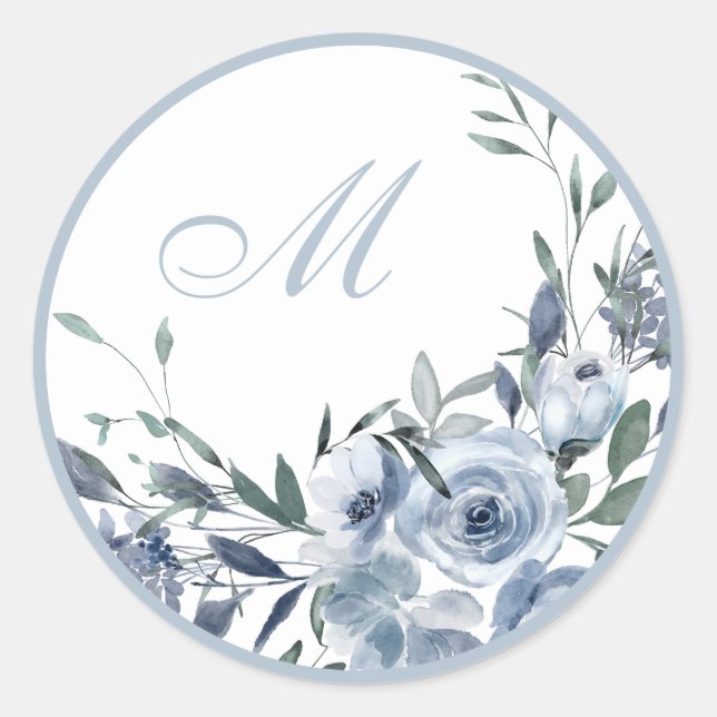 Sticker Rond Fleurs bleues Monogramme Mariage Enveloppe Phoques (Devant)