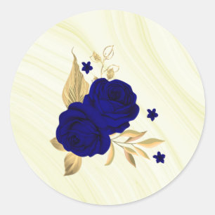 Sticker Rond fleurs bleues royales or marbre feuille