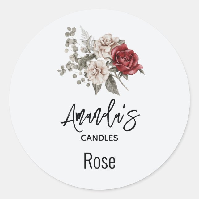 Sticker Rond Fleurs Boho Gris Rouge et Crème Bougie Biz (Devant)