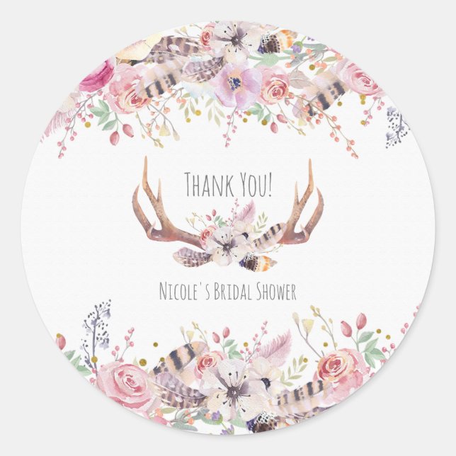 Sticker Rond Fleurs & bois de cerf Cadeau de mariage rustique (Devant)