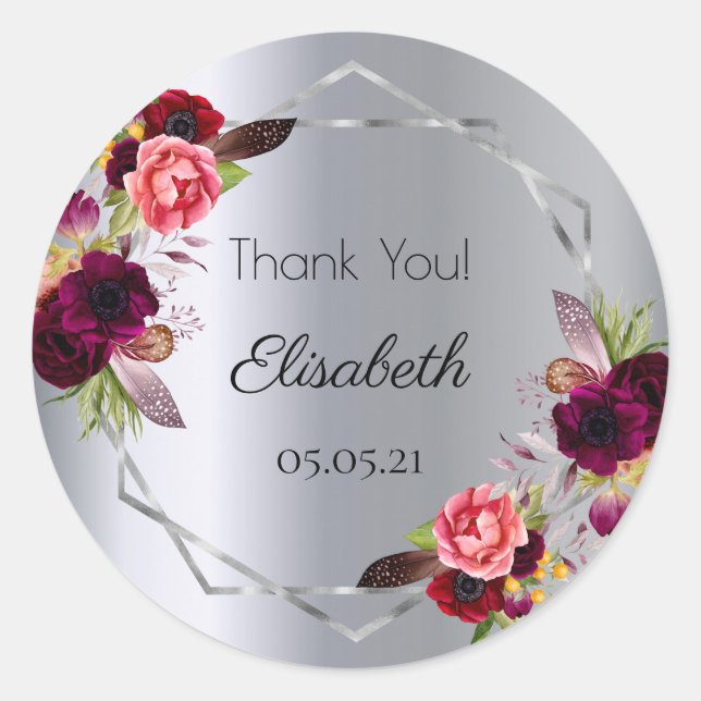 Sticker Rond Fleurs bordeaux argentées nom géométrique (Devant)