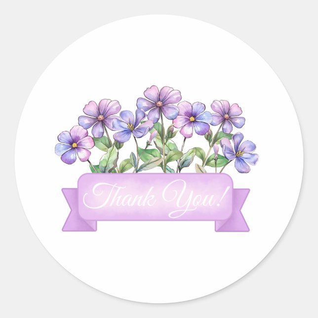 Sticker Rond Fleurs chic violet avec bannière Merci floral (Devant)