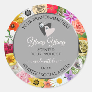 Sticker Rond Fleurs colorées Cadre gris produit Coeurs Étiquett