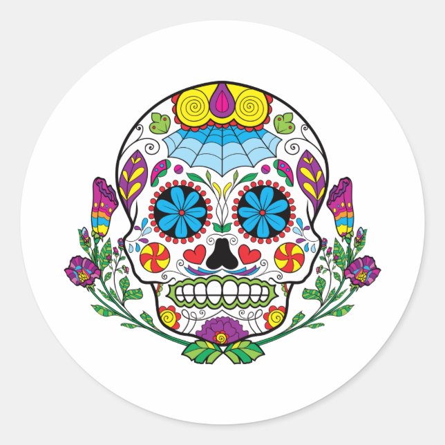Sticker Rond Fleurs colorées Tatouage mexicain Crâne à sucre (Devant)