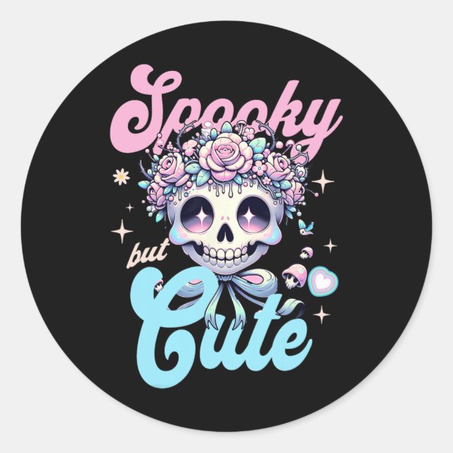 Sticker Rond Fleurs Crânes éffrayantes Mais Mignonnes Halloween (Devant)