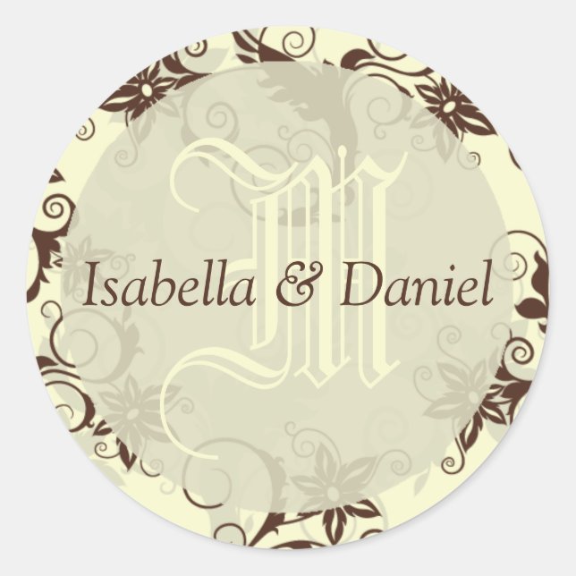 Sticker Rond Fleurs Damas Mariage Nom de couple Monogramme (Devant)