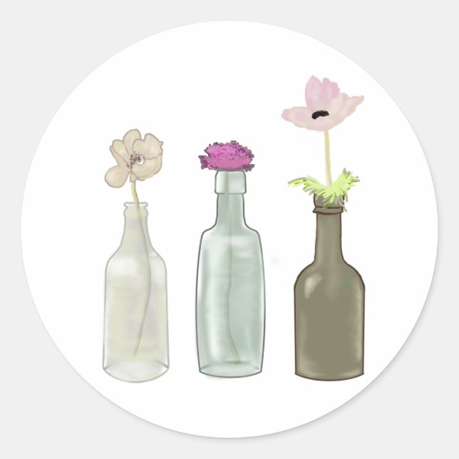 Sticker Rond fleurs dans des bouteilles en verre. Couleurs past (Devant)