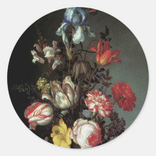 Sticker Rond Fleurs dans un vase avec des coquilles et des inse