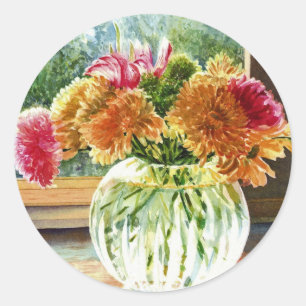 Sticker Rond Fleurs dans Vase de verre