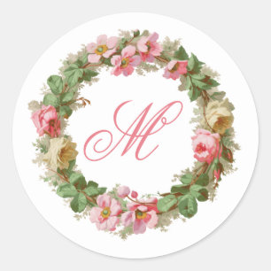Sticker Rond Fleurs d'Apple et couronne Rose avec Monogramme