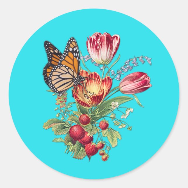 Sticker Rond Fleurs d'aquarelle avec papillons visités (Devant)
