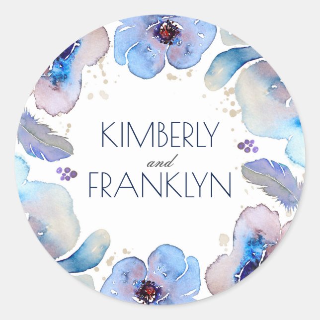 Sticker Rond Fleurs d'aquarelle bleu Boho Feathers Mariage (Devant)