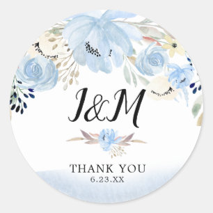 Sticker Rond Fleurs d'aquarelle bleu Monogramme Mariage Faveur