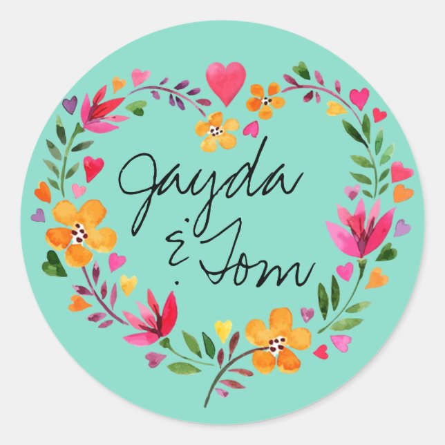 Sticker Rond Fleurs d'aquarelle couronne de coeur | MODIFIER LA (Devant)