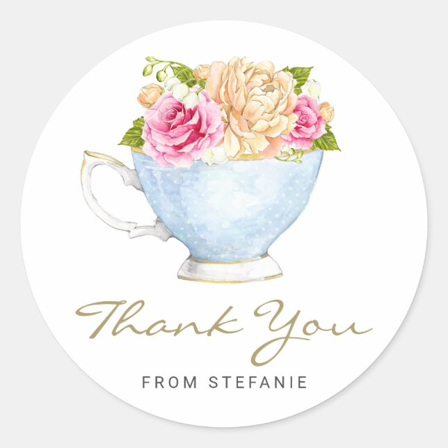Sticker Rond Fleurs d'aquarelle dans le Merci Tea Party Teacup (Devant)