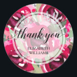 Sticker Rond Fleurs d'aquarelle du Merci<br><div class="desc">Merci et votre nom sur un arrière - plan de fleurs roses chaudes et de feuilles, ces autocollants sont prêts à personnaliser pour les douches nuptiales, votre mariage ou toute occasion. Vous pouvez modifier la taille de police et de police pour le nom, il suffit de cliquer sur le lien...</div>