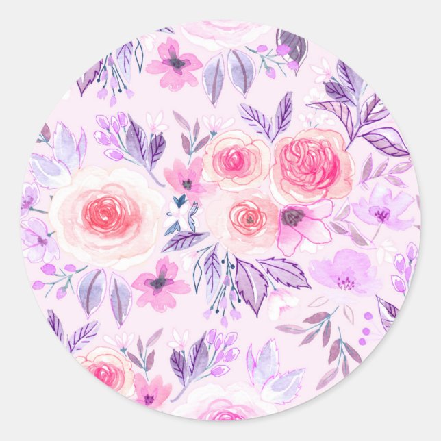 Sticker Rond Fleurs d'aquarelle et feuilles 3 (Devant)