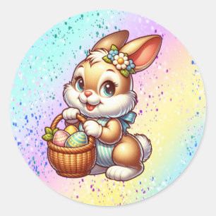 Sticker Rond Fleurs d'aquarelle et lapin Pâques