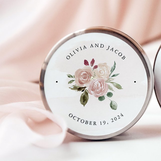 Sticker Rond Fleurs d'aquarelle neutres Boho simples | MARIAGE (A boho, floral sticker in neutral colors with a white and blush pink background)