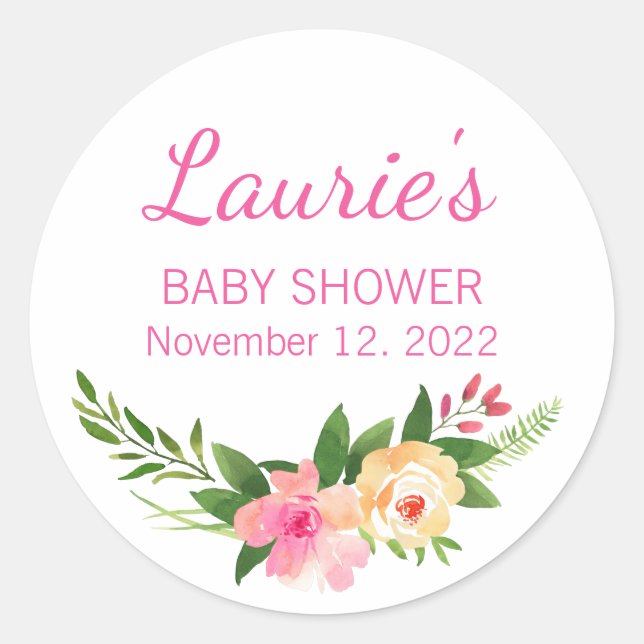 Sticker Rond Fleurs d'aquarelle rose Baby shower floral (Devant)