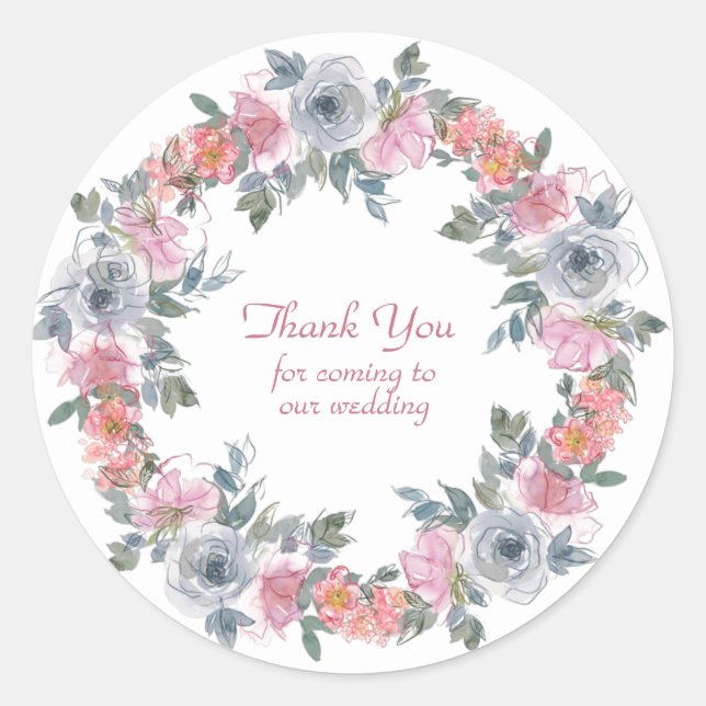 Sticker Rond Fleurs d'aquarelle rose et bleu Merci classique (Devant)