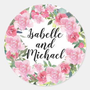 Sticker Rond Fleurs d'aquarelle rose Mariage personnalisé