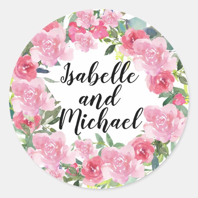 Sticker Rond Fleurs d'aquarelle rose Mariage personnalisé (Devant)