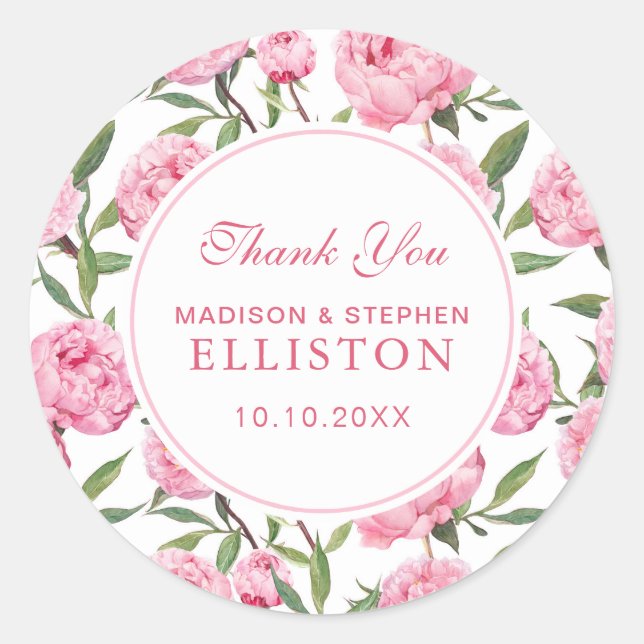Sticker Rond Fleurs d'aquarelle rose Peony | MERCI (Devant)