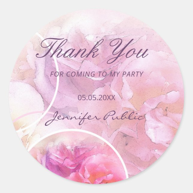 Sticker Rond Fleurs d'aquarelle Roses Écriture manuscrite Merci (Devant)