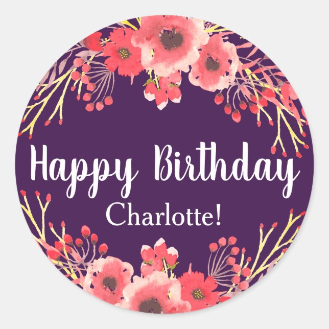 Sticker Rond Fleurs d'aquarelle violette tendance Anniversaire (Devant)