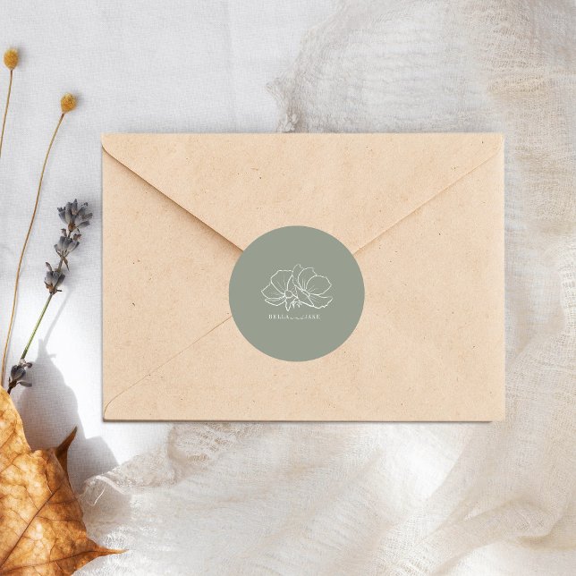 Sticker Rond Fleurs d'art de ligne Mariage vert de sage (Créateur téléchargé)