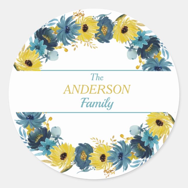 Sticker Rond Fleurs d'automne bleu or couronne (Devant)