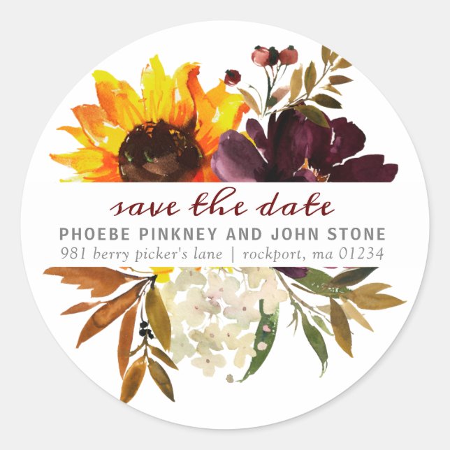 Sticker Rond Fleurs d'automne Enregistrer la date Adresse de re (Devant)