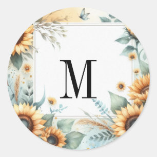 Sticker Rond Fleurs d'automne et tournesols aquarelle monogramm