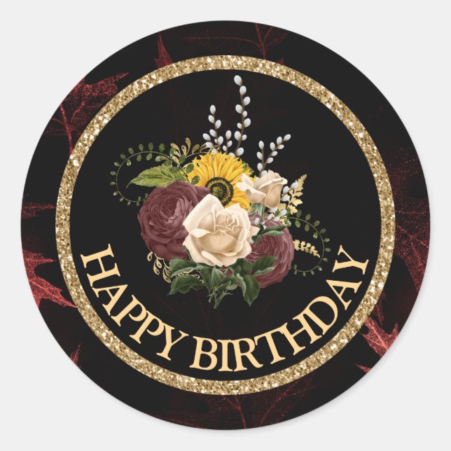 Sticker Rond fleurs d'automne Joyeux Anniversaire (Devant)