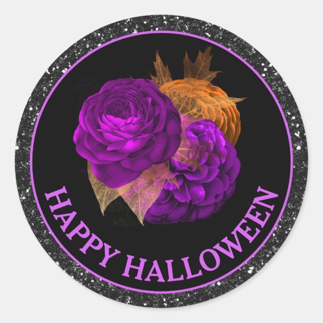 Sticker Rond Fleurs d'automne orange et violettes Joyeux Hallow (Devant)