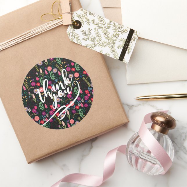 Sticker Rond Fleurs de aquarelle botanique boho noir (Cadeaux)