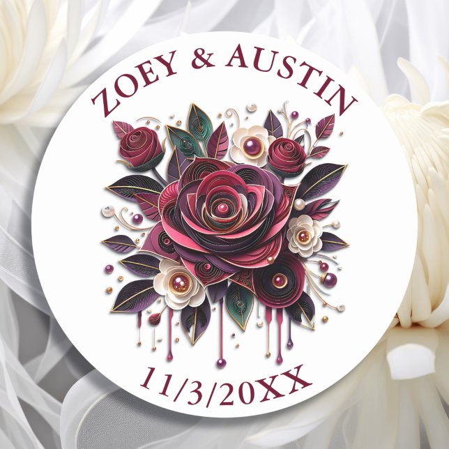 Sticker Rond Fleurs de Bourgogne, Feuillage et Perles Personnal (Créateur téléchargé)