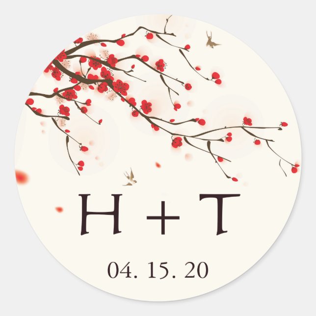 Sticker Rond Fleurs de cerisier Aquarelle Floral Mariage Monogr (Devant)