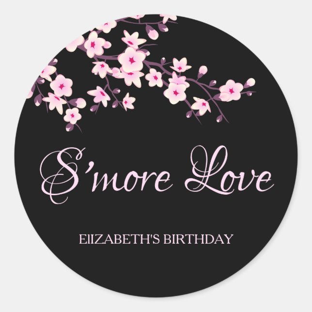 Sticker Rond Fleurs de cerisier rose noir S'more amour (Devant)