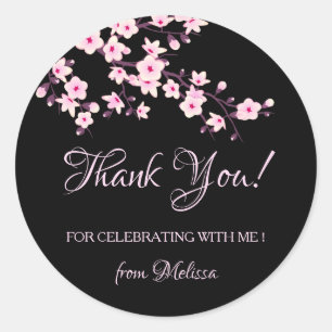 Sticker Rond Fleurs de cerisier roses Merci noir