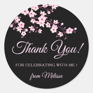 Sticker Rond Fleurs de cerisier roses Merci noir