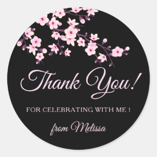Sticker Rond Fleurs de cerisier roses Merci noir