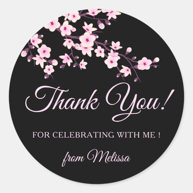 Sticker Rond Fleurs de cerisier roses Merci noir (Devant)