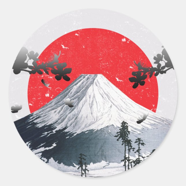 Sticker Rond Fleurs de cerisiers Mont Fuji Japon (Devant)
