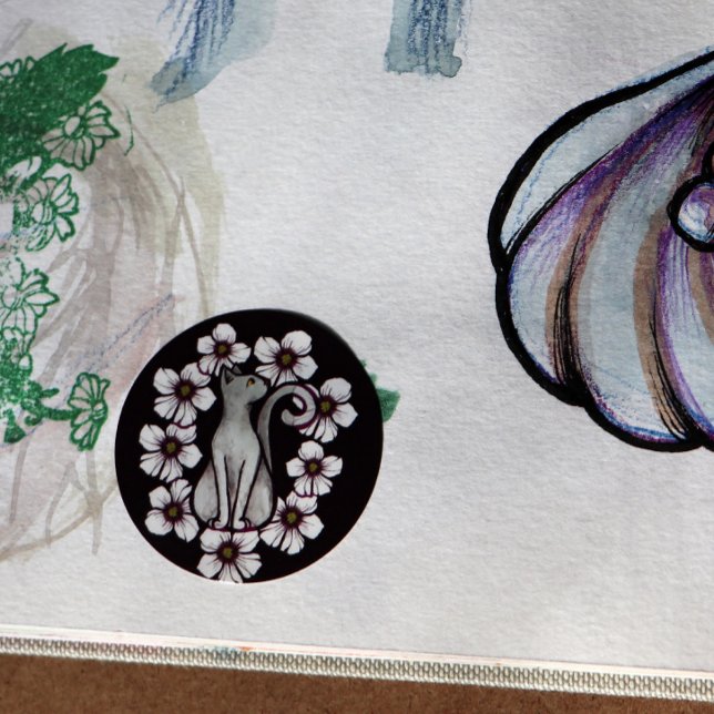 Sticker Rond Fleurs de chat blanc fleurs florales sakura chats  (Créateur téléchargé)
