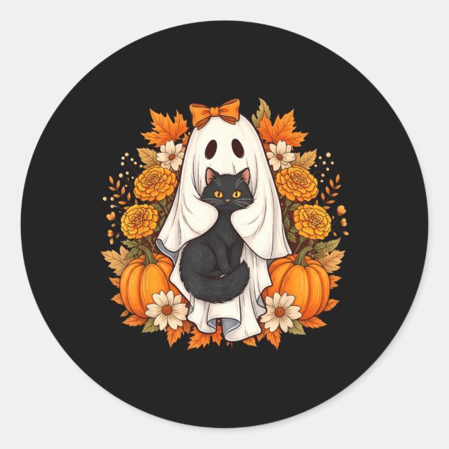 Sticker Rond Fleurs de chat noir fantôme d'Halloween (Devant)